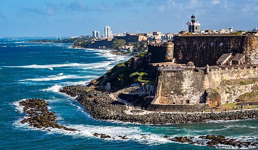 Beautiful view of the ocean and historical ruins in San Juan, Puerto Rico