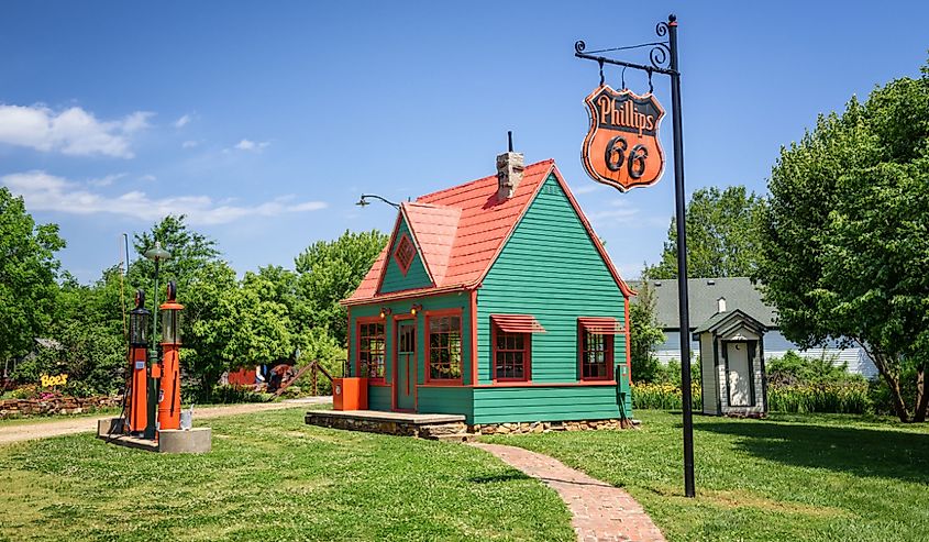 Restored vintage Phillips 66 Gas Station located at Red Oak II, a village of relocated and restored buildings and other artifacts near historic Route 66