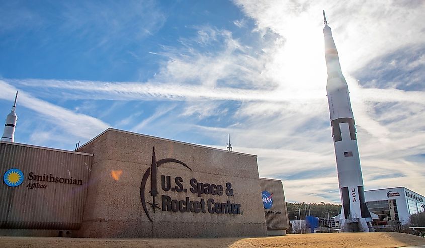 Replica of Saturn V rocket at U.S. Space Rocket Center.