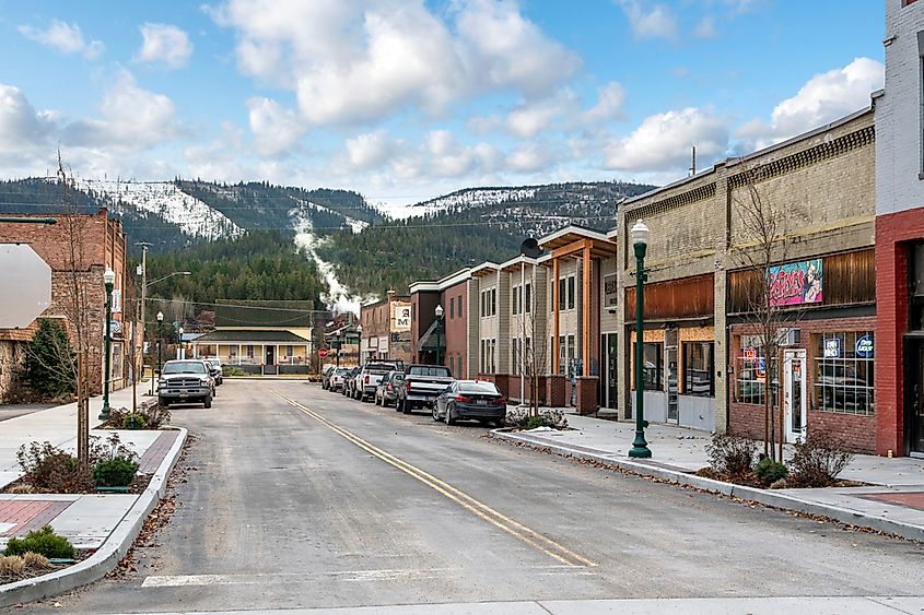 The main street of historic Priest River, Idaho, in the Northwest of the United States at winter.