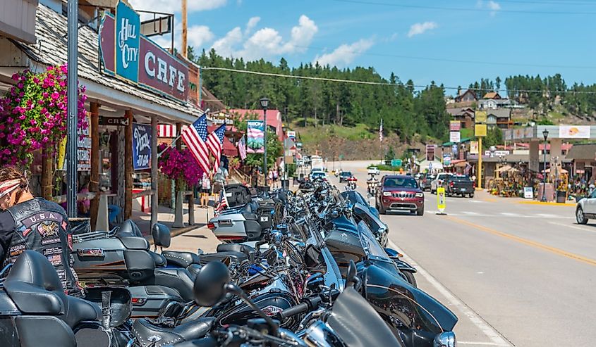 Bikes and Bikers gathering in Hill City for the 79th annual Sturgis Motorcycle Rally