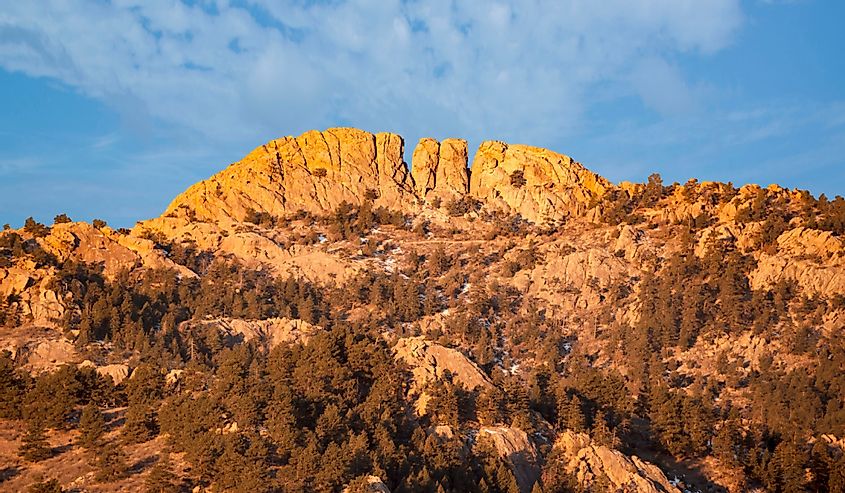 Horsetooth rock formation at sunrise - a distinctive geological and popular mountain landmark overlooking Fort Collins, Colorado