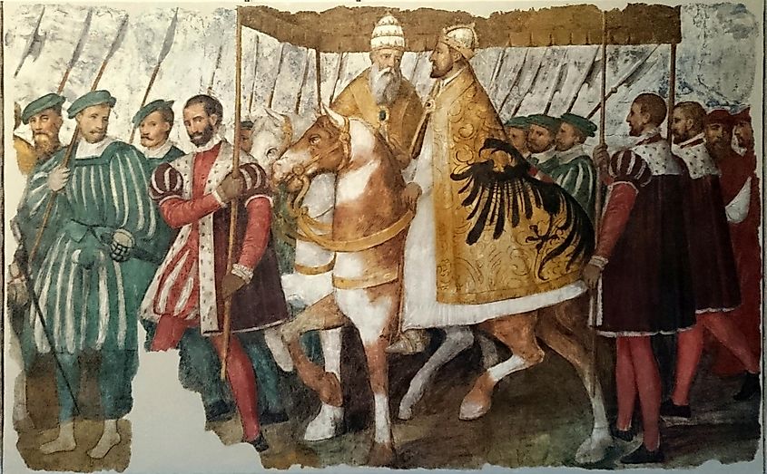 Pope Clement VII and Emperor Charles V on horseback under a canopy, a 1580 portrait by Jacopo Ligozzi.