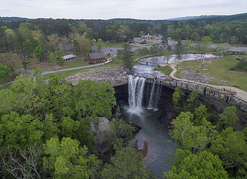 Aerial view of Noccalula Falls Park and Campgrounds in Gadsden, Alabama