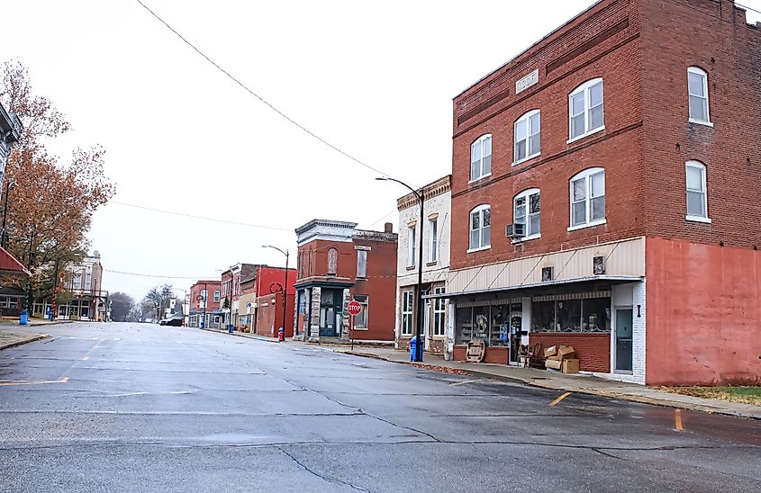 Greenfield, Missouri. Historic buildings in the town square.