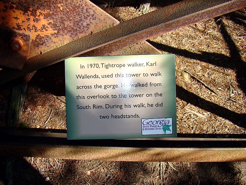 Site marker at Tallulah Gorge State Park commemorating Karl Wallenda's 1970 high-wire walk.