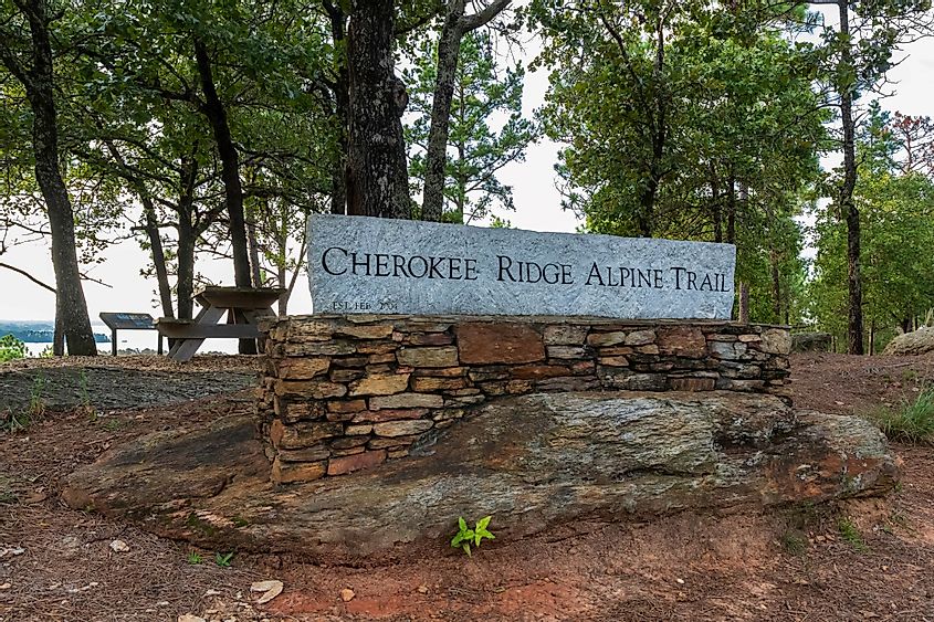 Stone sign marking the trailhead for Cherokee Ridge Alpine Trail. 