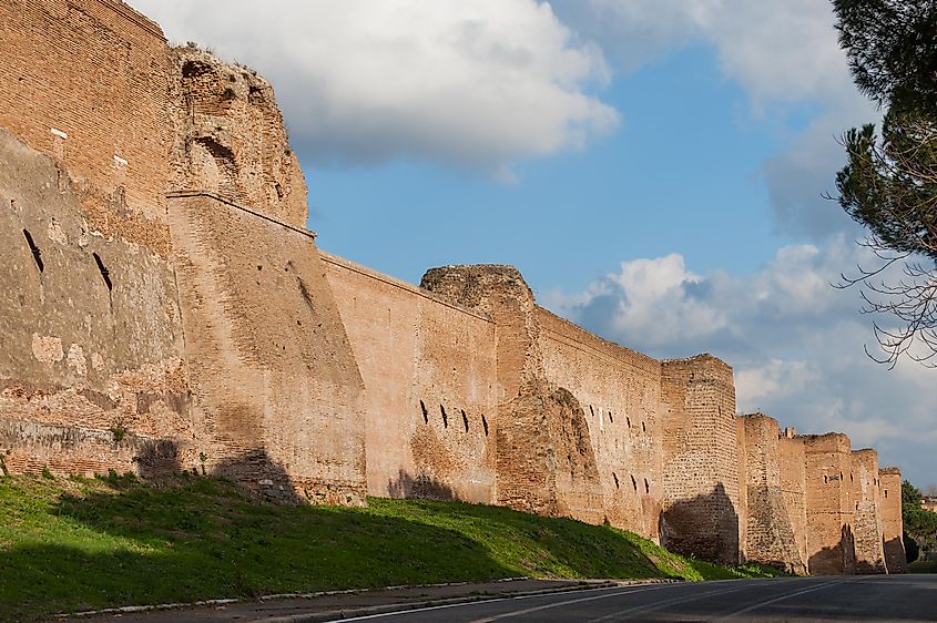 The Aurelian walls along the avenue of Porta Ardeatina in Rome.