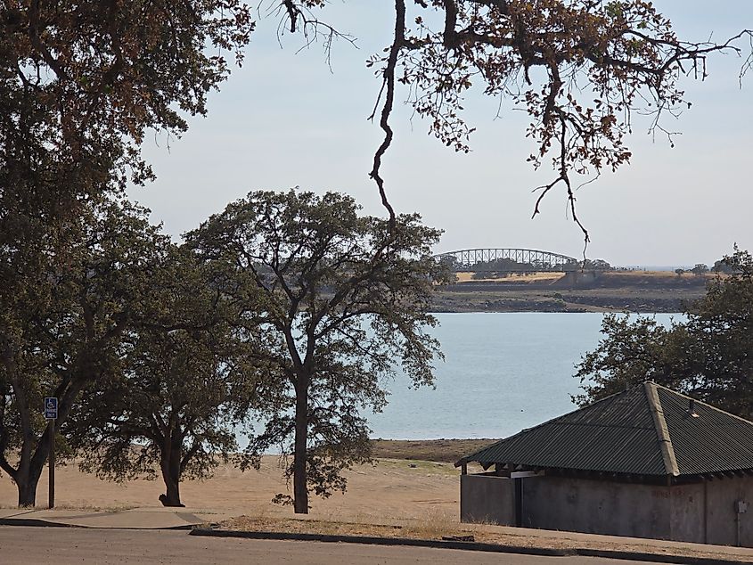 Camp Far West Reservoir with bridge in the distance.