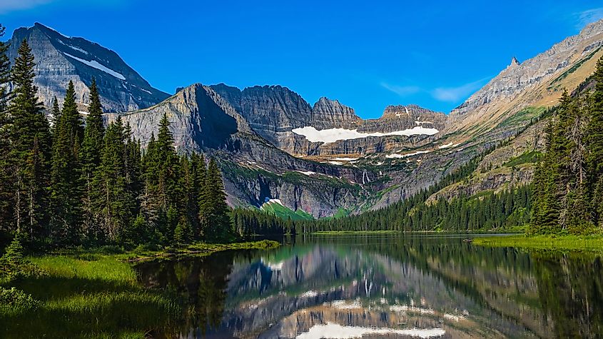 Wide view of Lake Josephine along Grinnell Glacier Trail at Glacier National Park - Montana with the Salamander Glacier nestled in the mountains