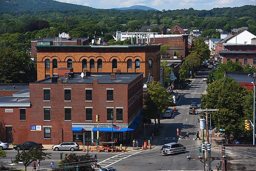 Aerial view of Rockland historic downtown on Main Street