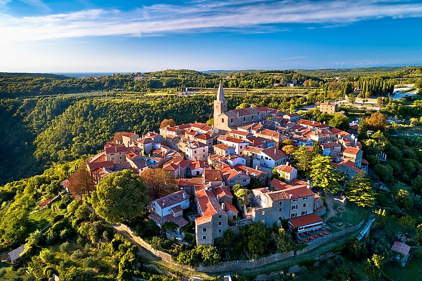 Ancient hill village of Groznjan aerial panoramic view.