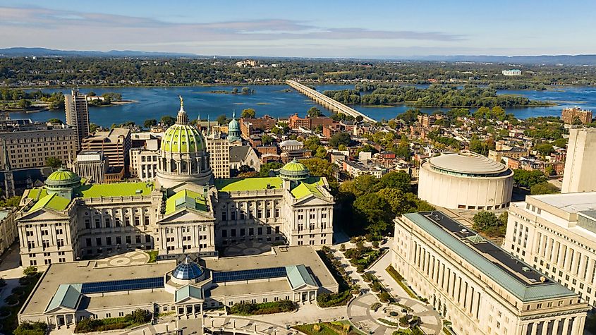 Afternoon light hits the buildings and downtown city center area in Pennsylvania state capital at Harrisburg