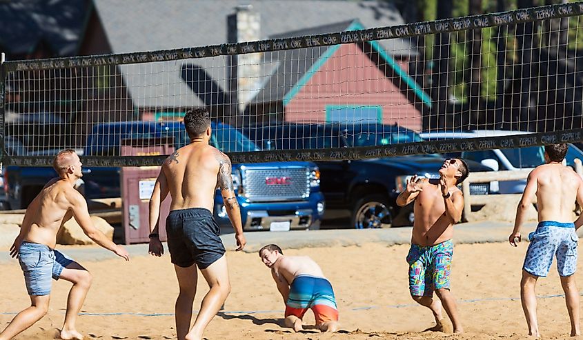 Students on the beach playing Volleyball in South Lake Tahoe.