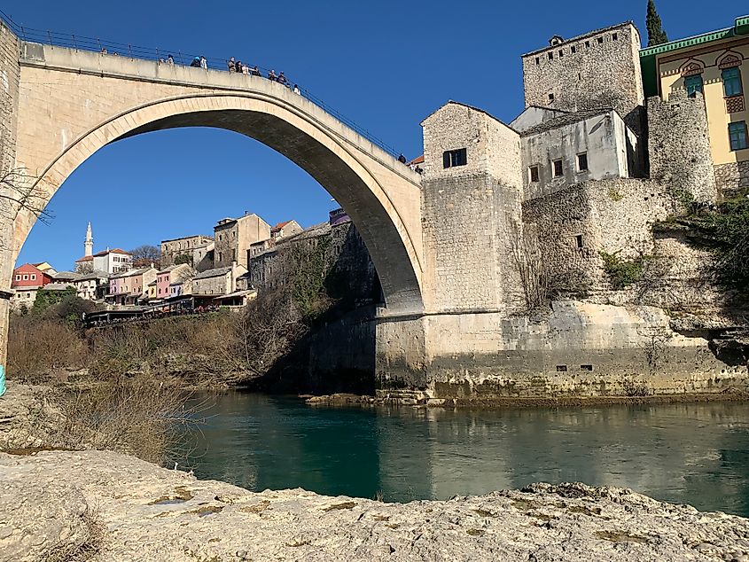 Mostar's impressive, stone, slightly conical Stari Most Bridge as seen from the river below.