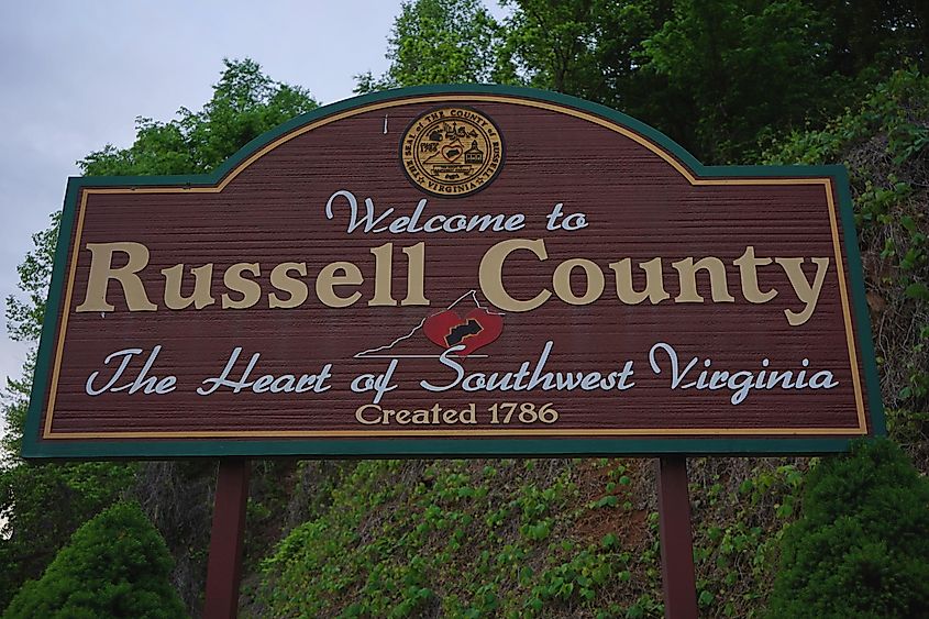 Saint Paul, VA USA - Welcome sign for Russell County, Virginia. Editorial credit: Katssoup / Shutterstock.com