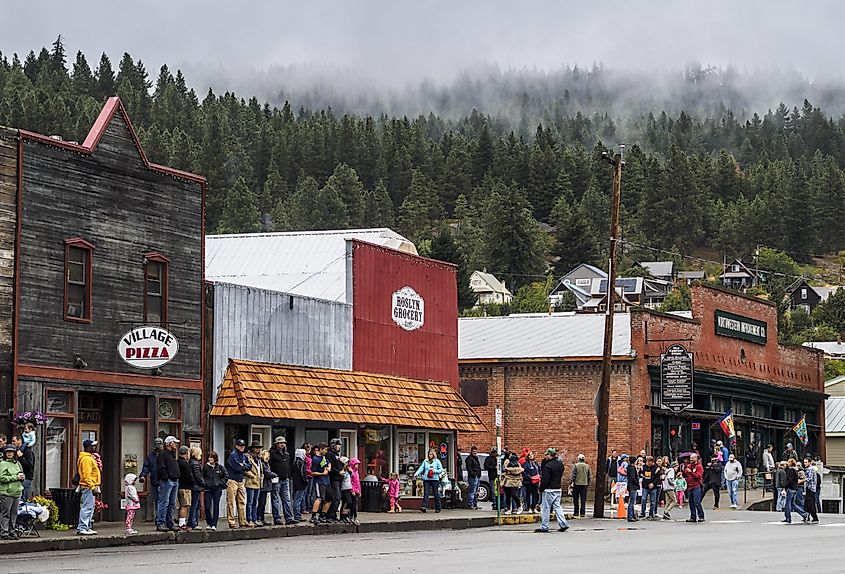 Attendees on the historic old-town street during a parade in Roslyn, Washington.