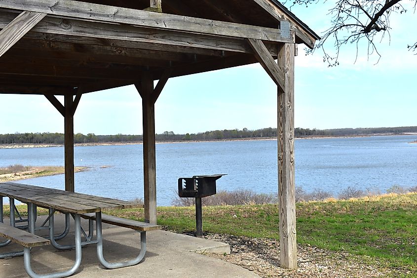 A picnic shelter welcomes guests at the Harry S Truman State Park and Reservoir at Warsaw, MO, Missouri,
