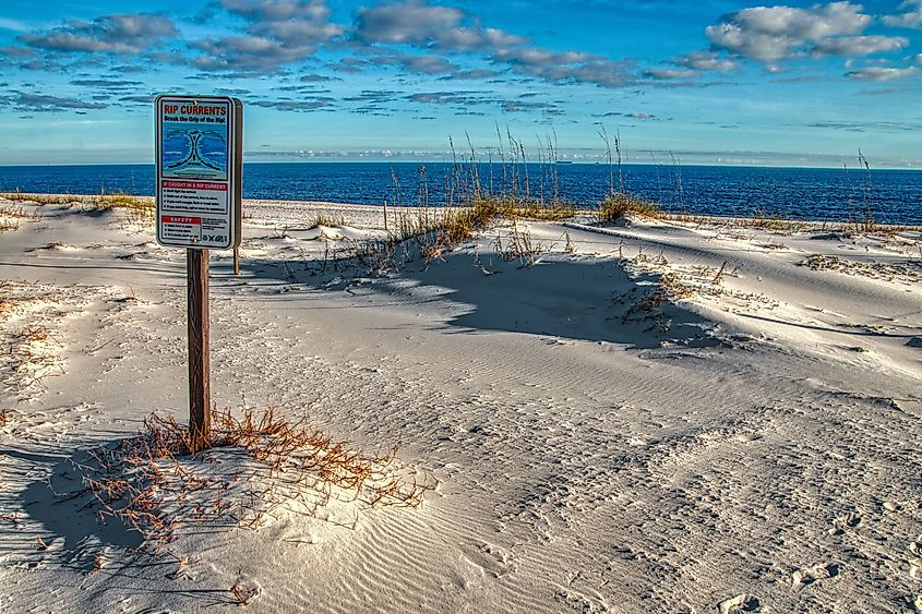 Warning for rip currents at the Gulf Islands National Seashore, Mississippi.