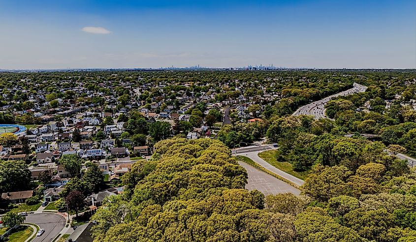 An aerial view of Valley Stream, New York on Long Island on a sunny day