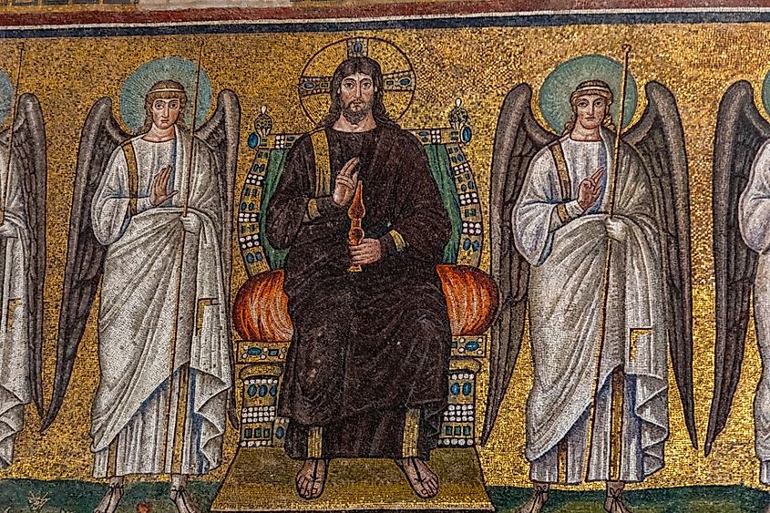 Mosaic of the enthroned Christus with four vanguard angels in Basilica of St Apollinare Nuovo in Ravenna, Italy