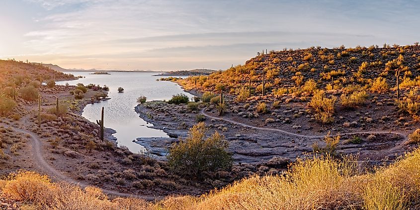 Sunrise Panorama of Lake Pleasant in Peoria, Arizona.