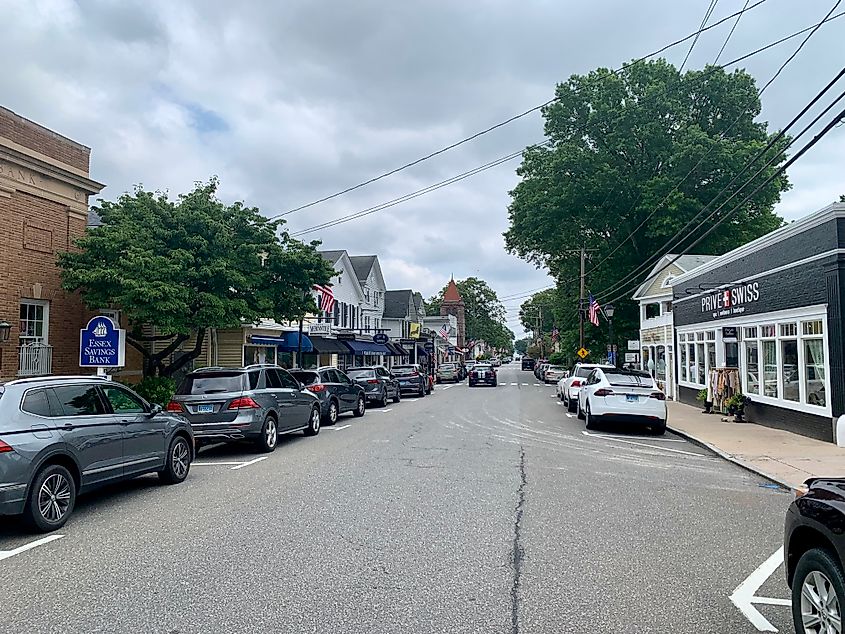 Main Street in Essex, Connecticut, lined with small shops, restaurants, and boutiques.