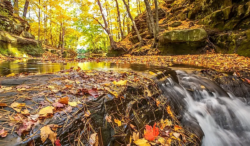 Skillet Creek with waterfall in Baraboo, Wisconsin during autumn