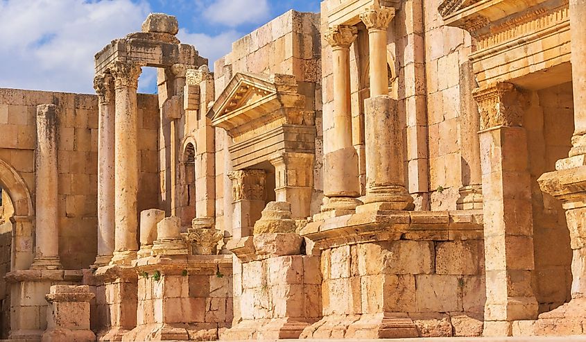 Jerash, Jordan close-up details of Roman amphitheater South Theatre in ancient city Gerasa archeological site