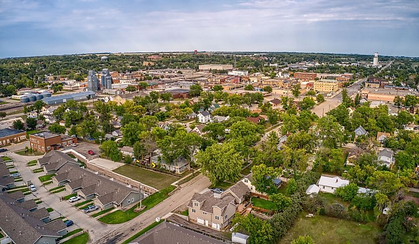 Aerial view of Jamestown, North Dakota along Interstate 94.