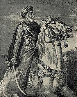 Engraving of Hasan-i Sabbah riding a horse.