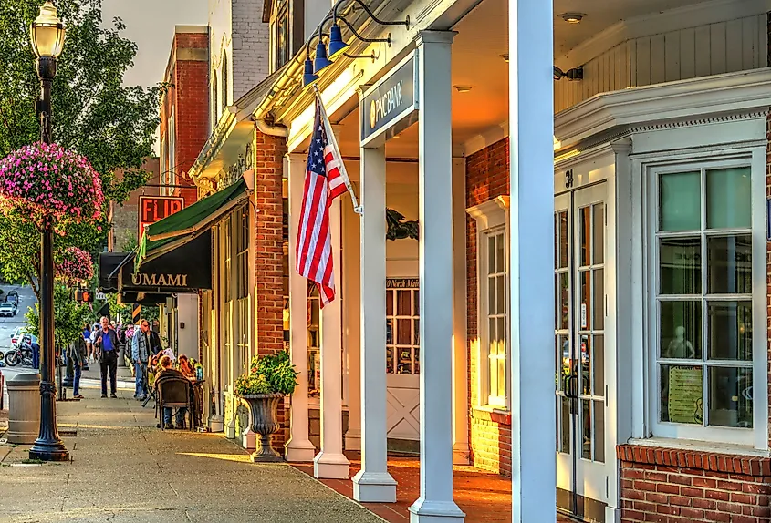 Downtown Chagrin Falls, Ohio, with people dining on Main Street