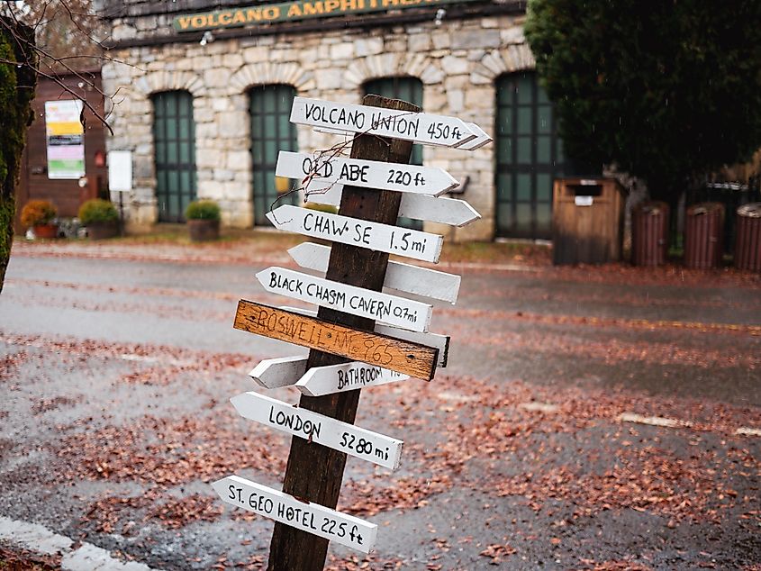 Wooden tourism sign in historic Volcano California in Amador county