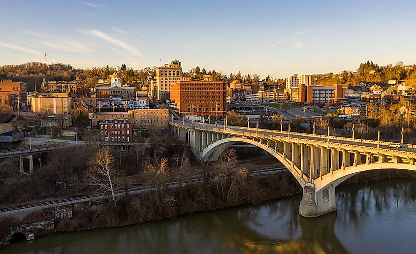 Downtown cityscape of Fairmont taken over the river showing the Million Dollar Bridge