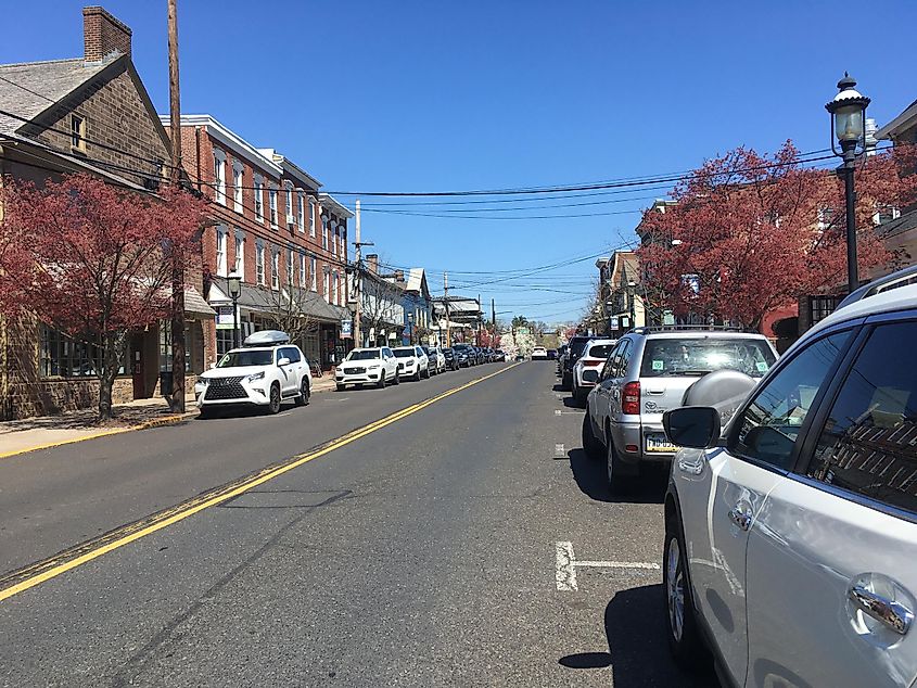 Northbound State Street past the intersection with Centre Avenue in Newtown, Pennsylvania