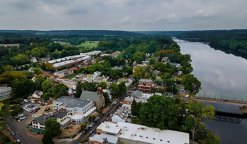 Aerial overhead landscape neighborhood in a small American of small town historic New Hope Pennsylvania USA view of Delaware river