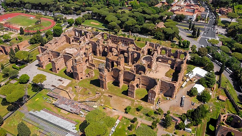 Aerial view of Baths of Caracalla located in Rome, Italy.