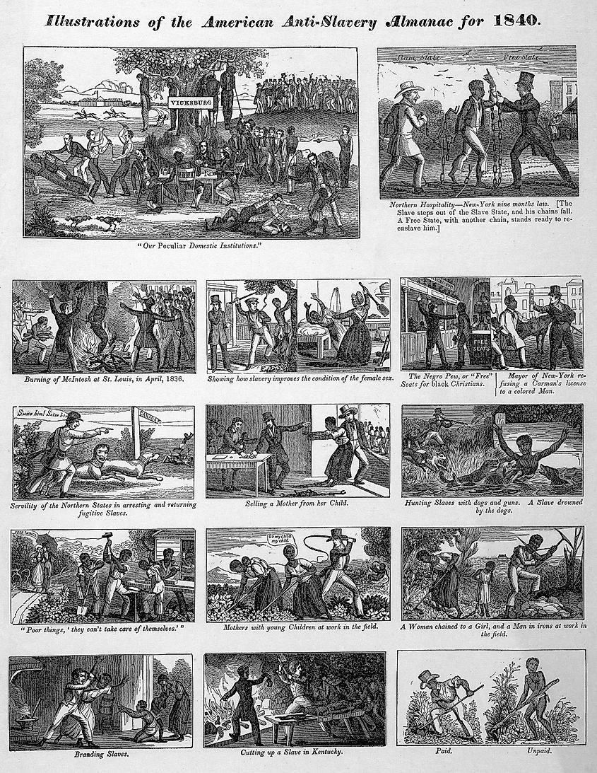 Illustrations of the Antislavery Almanac for 1840, show slaves at labor, abused, pursued by slave catchers, at auction. Also, political cartoons attacking slaveholders and justifications for slavery.