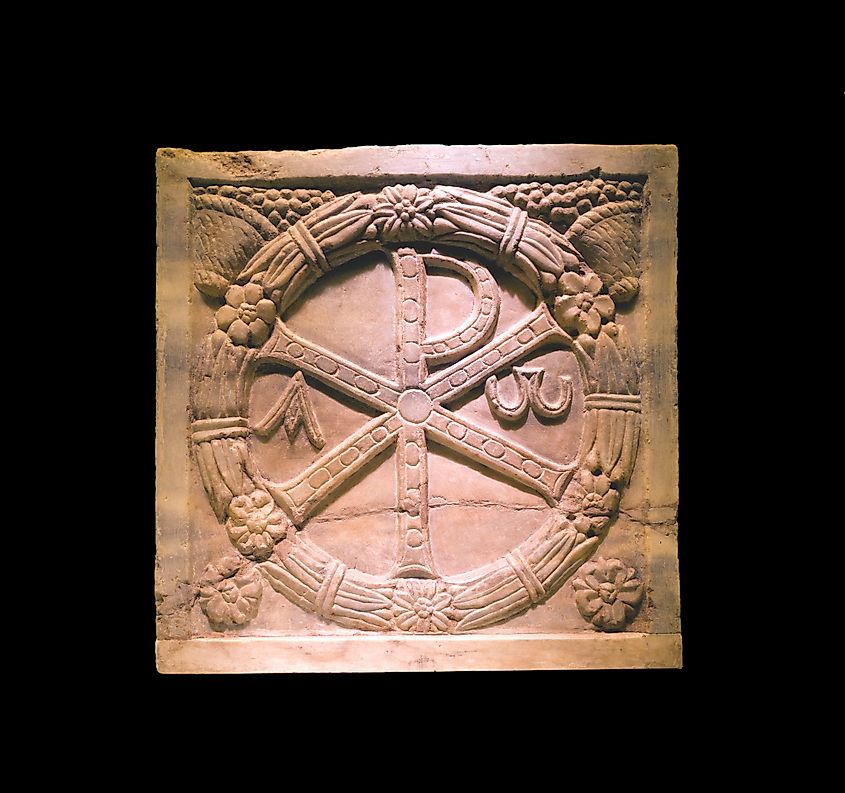 Monogramme of Christ (the Chi Rho) on a plaque of a marble sarcophagus in Rome, Italy.