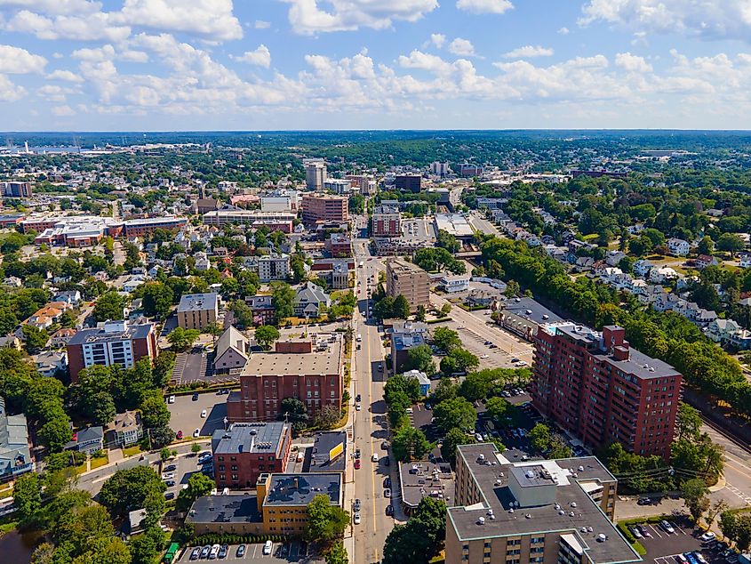 Quincy historic city landscape aerial view on Hancock Street in Quincy, Massachusetts