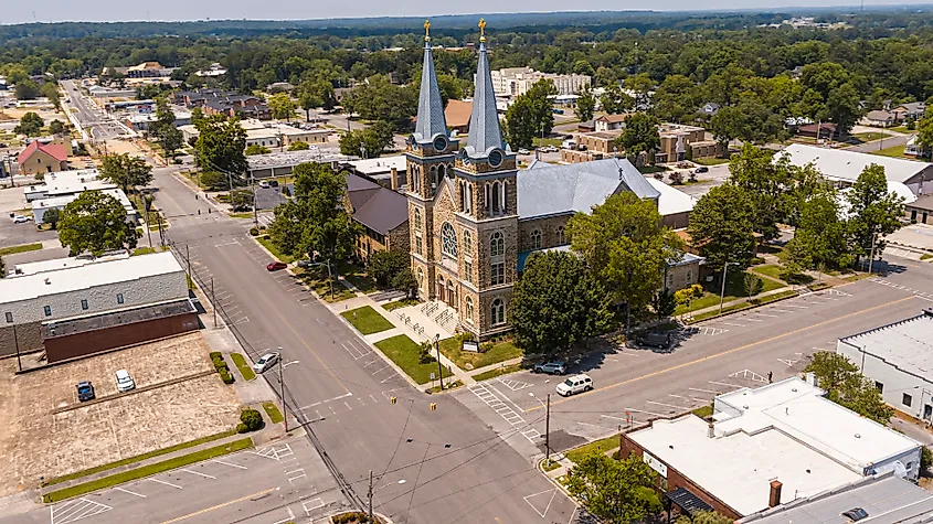 Green residential neighborhood behind the Sacred Heart of Jesus Church in Cullman, Alabama.
