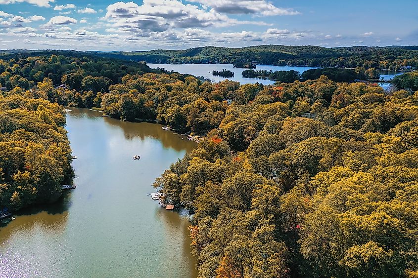 Highland Lakes, Vernon Township, NJ, early fall afternoon aerial.