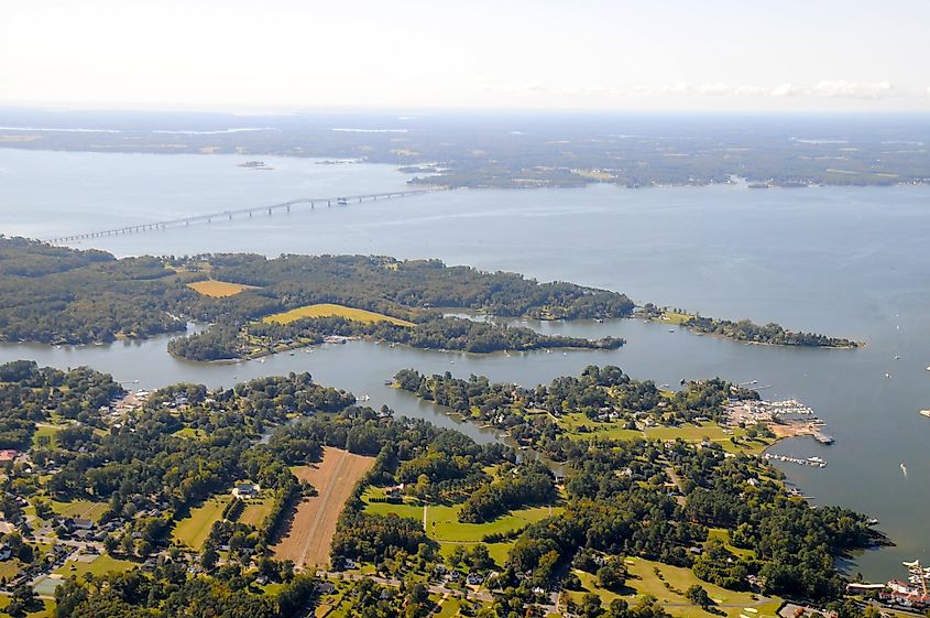 Aerial view of Irvington, Virginia, on the banks of the Rappahannock River. 
