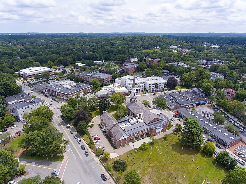 Aerial view of Wellesley Congregational Church and town center, Wellesley, Massachusetts.