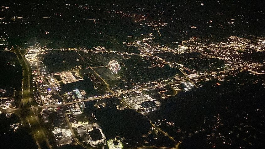 A view of a firework show in Cookeville, Tennessee in a Cessna C-172 Skyhawk. July 4, 2025. Via Shutterstock / Aircraft Images.