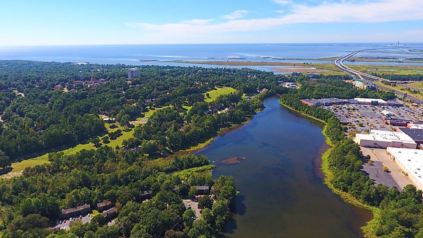 Aerial view of Mobile Bay near Daphne, Alabama.