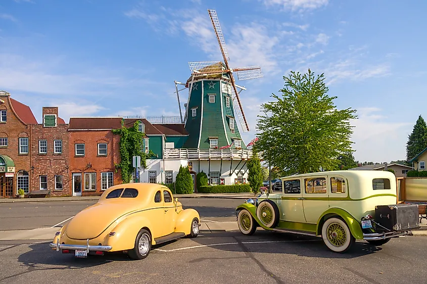 Classic cars and a Dutch Mill in Lynden, Washington.