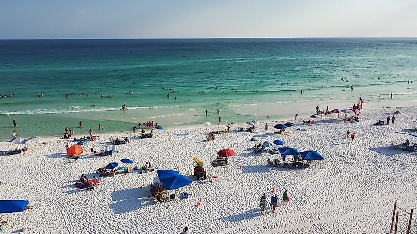 White sandy shoreline with turquoise water, South Walton Beach, Destin, Florida.