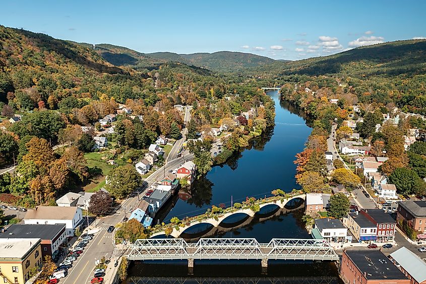 View of the picturesque town of Shelburne Falls, Massachusetts, and its scenic Bridge of Flowers.