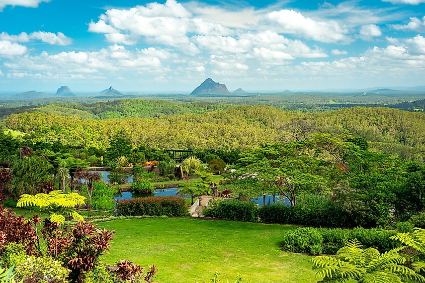Beautiful landscapes at Maleny Botanic Gardens with Glasshouse mountains in the background.